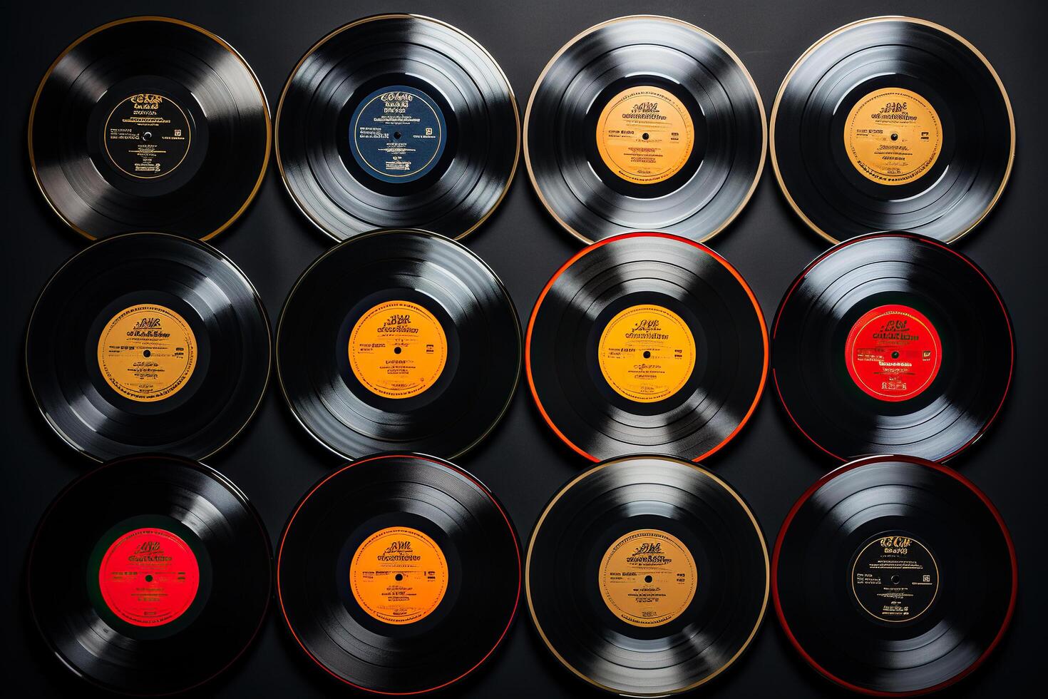 ai gegenereerd verzameling van vinyl records Aan een zwart achtergrond. gegenereerd door kunstmatig intelligentie- foto