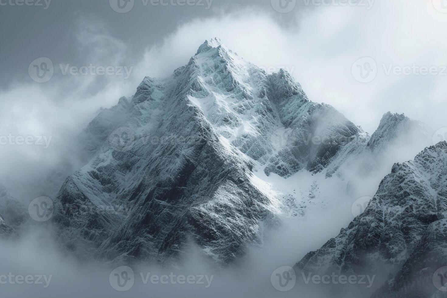 ai gegenereerd toren van sneeuw gedekt pieken majestueus bereikt voor de bewolkt hemelen foto