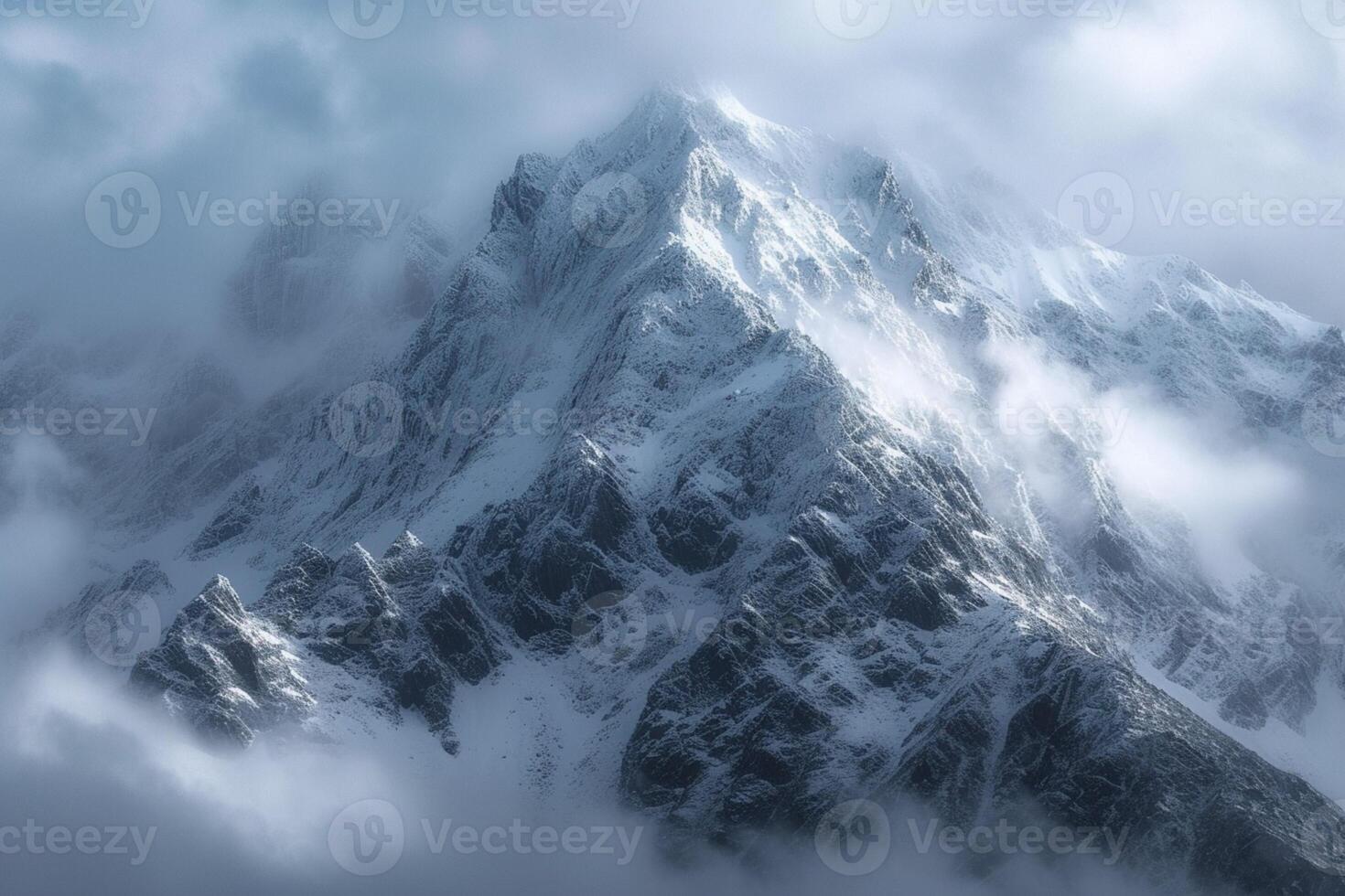 ai gegenereerd toren van sneeuw gedekt pieken majestueus bereikt voor de bewolkt hemelen foto