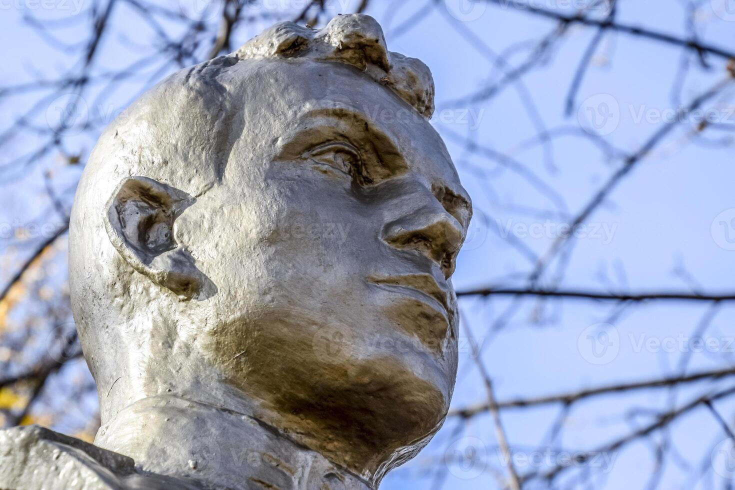 de gezicht van de steen Mens. beton soldaat buste gedekt met vader foto