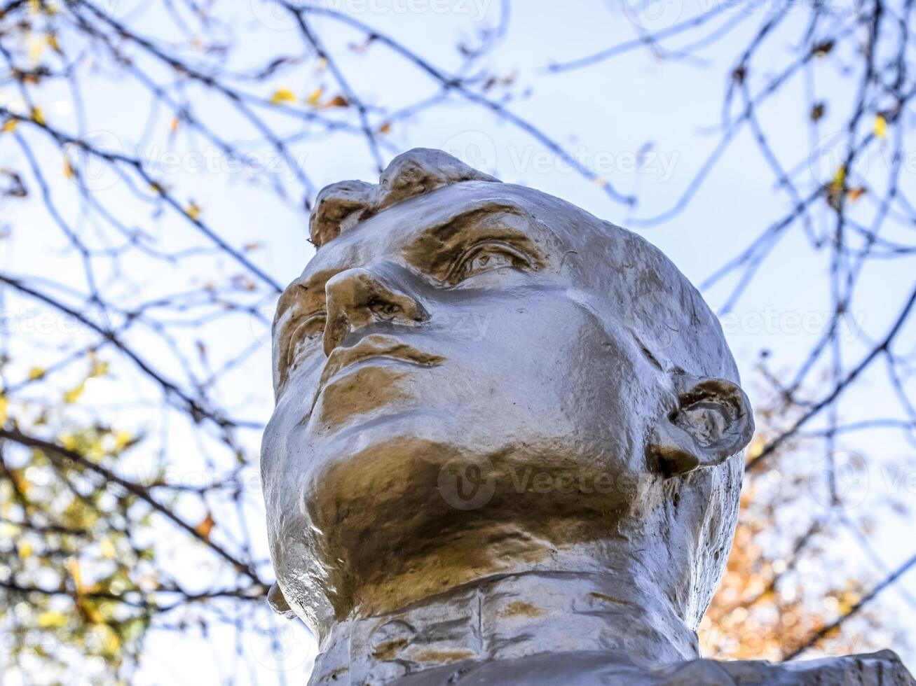 de gezicht van de steen Mens. beton soldaat buste gedekt met vader foto