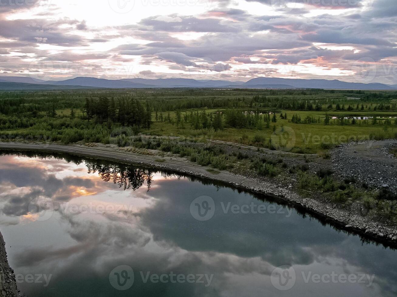 rivier- landschap. noordelijk rendier in zomer Woud. de lucht, gr foto