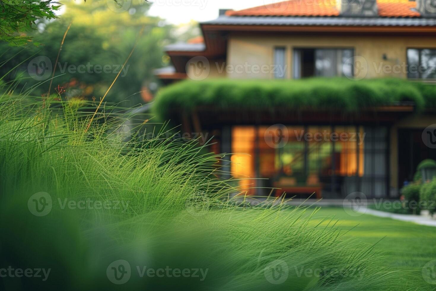 ai gegenereerd een gebouw ingelijst door weelderig groen gras in een vredig instelling foto