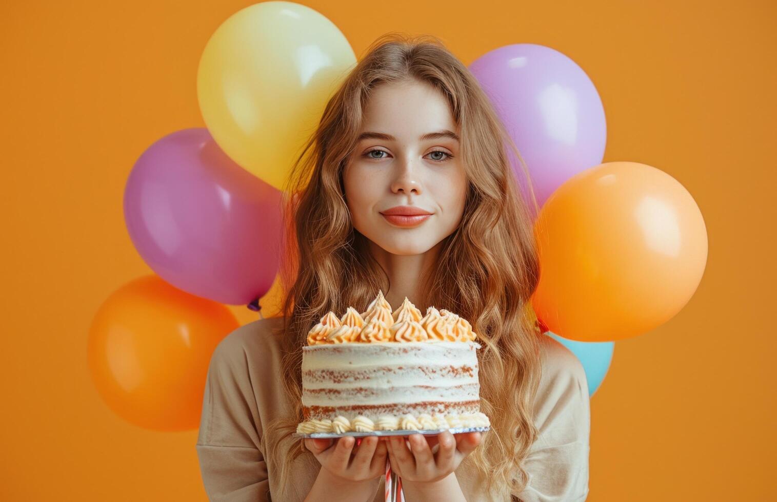 ai gegenereerd een meisje is Holding een verjaardag taart en ballonnen, in de stijl van Purper en oranje. foto