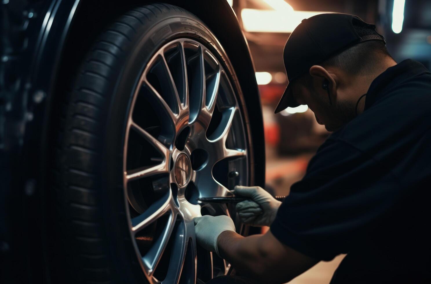 ai gegenereerd een Mens werken Aan een auto Aan de wiel. foto