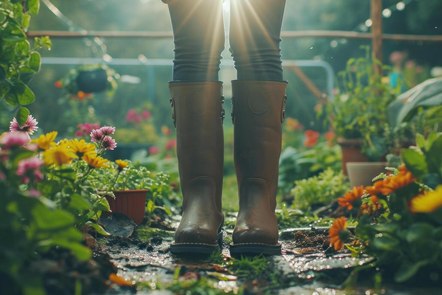 ai gegenereerd tuinders laarzen in bloeien in een tuin. foto