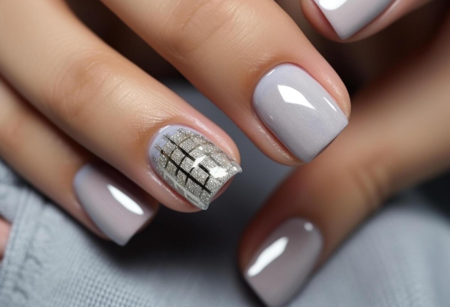ai gegenereerd zilver nagel manicure met metallics in vrouwen handen. foto