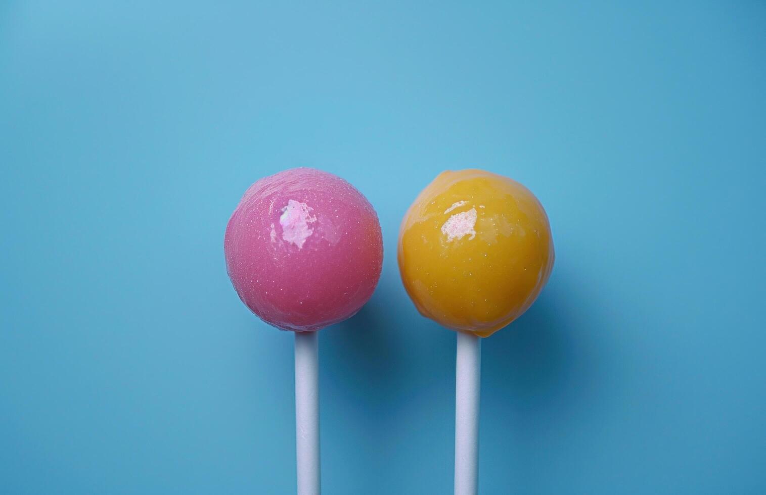 ai gegenereerd twee verschillend gekleurde lolly's Aan de blauw achtergrond foto