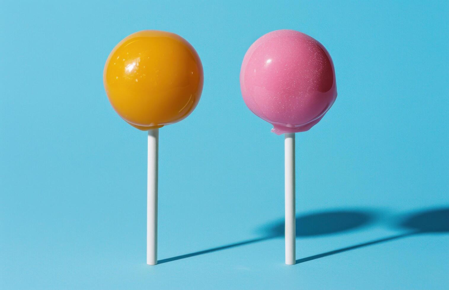 ai gegenereerd twee verschillend gekleurde lolly's Aan de blauw achtergrond foto