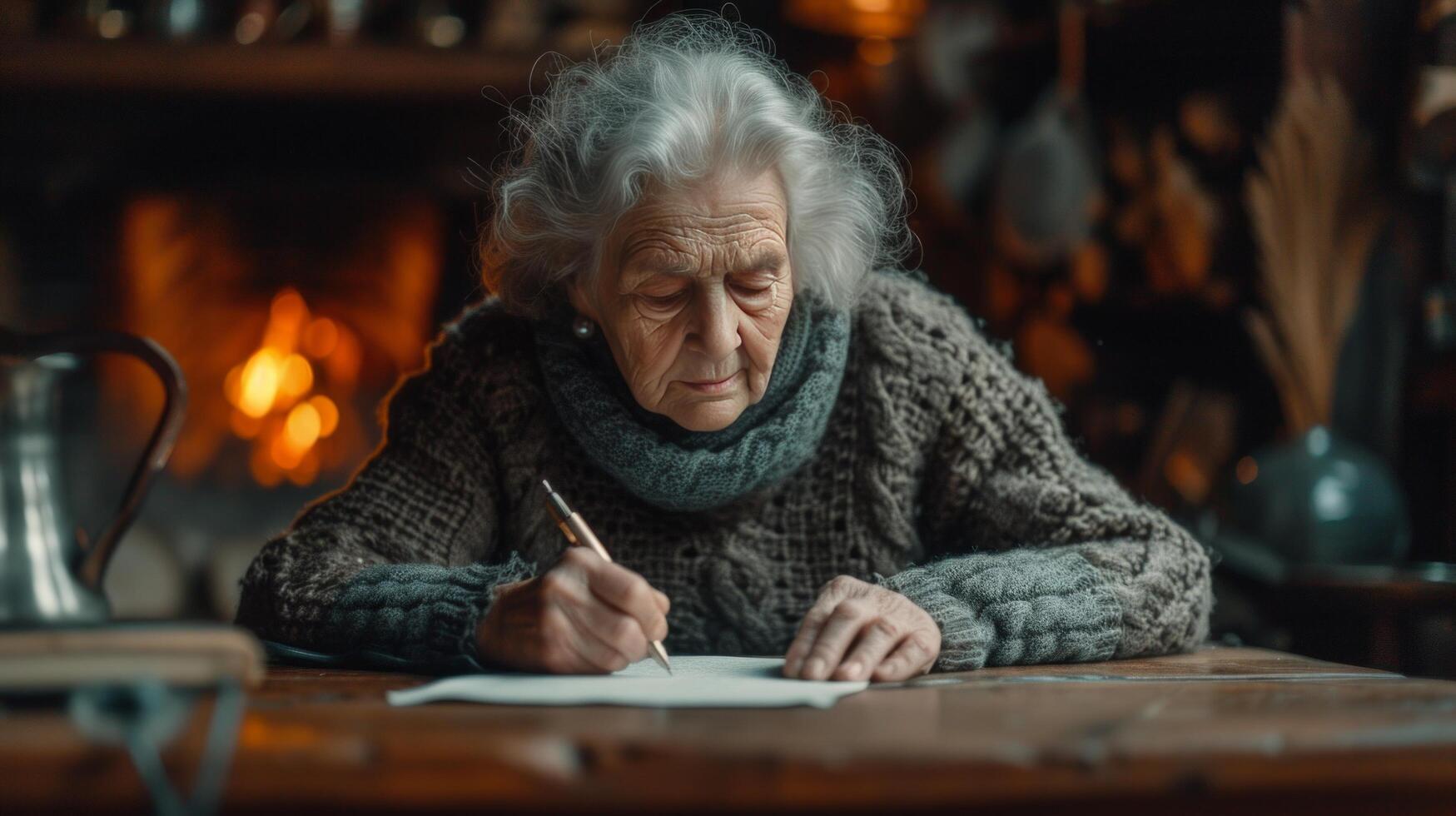 ai gegenereerd een oud vrouw schrijft een brief zittend Bij een oud eik tafel tegen de achtergrond van een haard foto