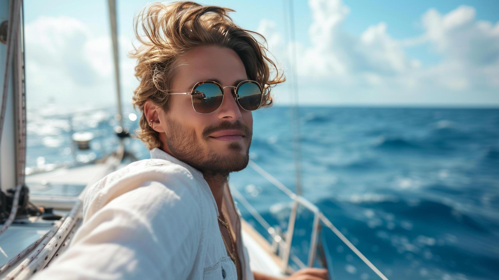 ai gegenereerd een jong knap Mens zeilen Aan een luxe jacht in de oceaan foto