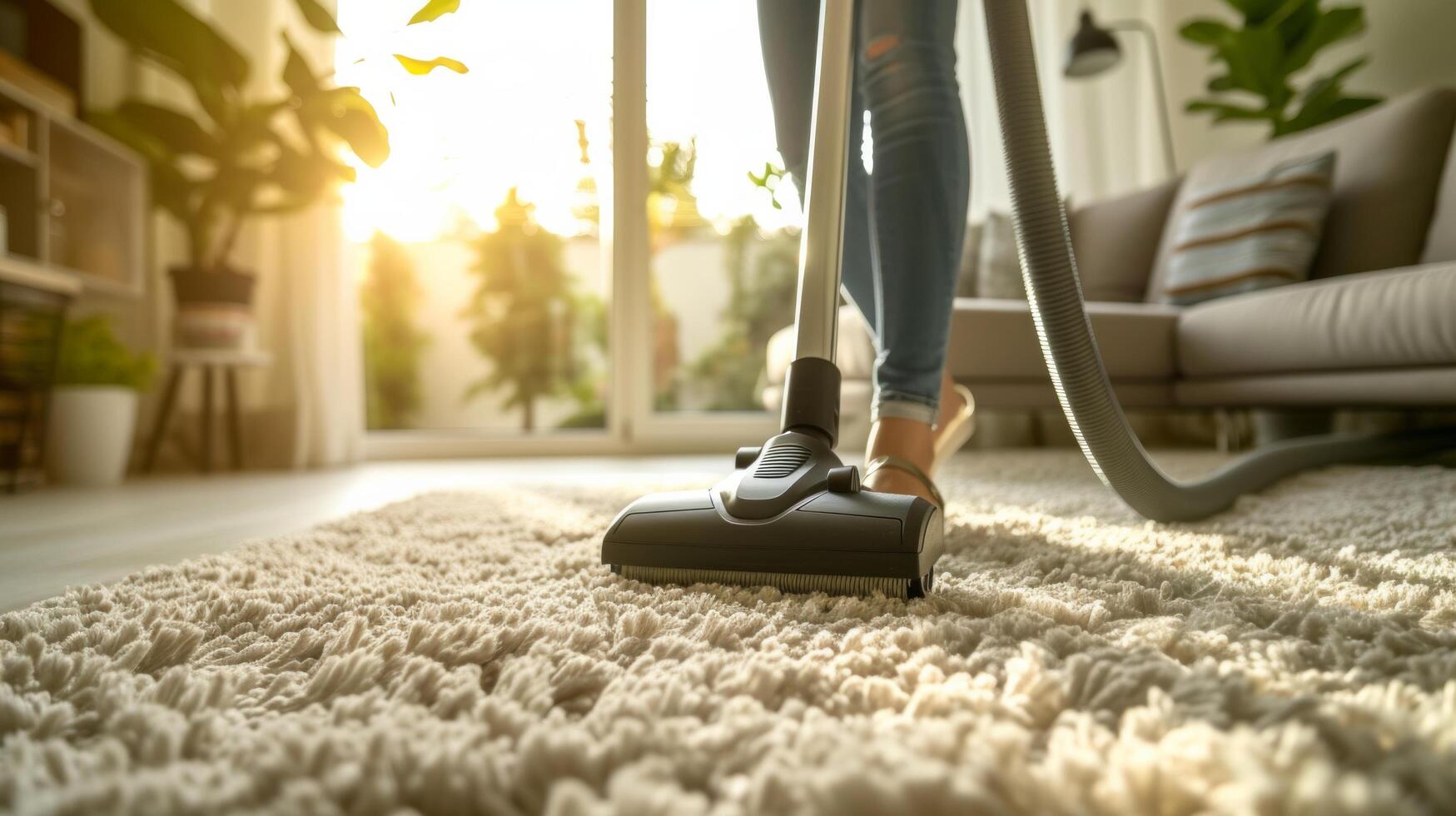 ai gegenereerd een vrouw stofzuigers een tapijt met pluizig licht stapel in een modern huisje. foto