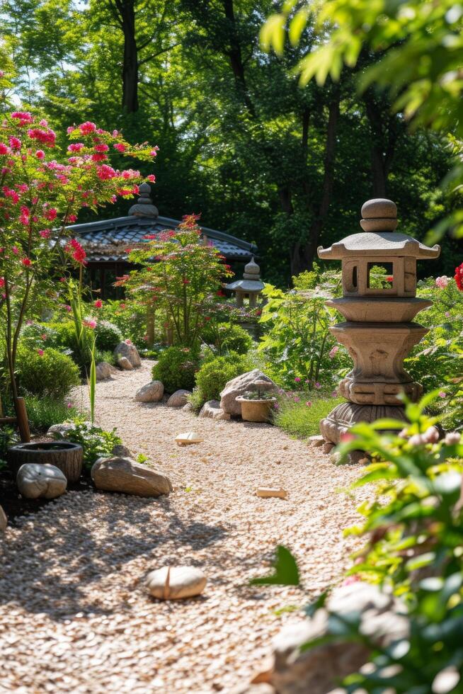 ai gegenereerd een rustig Japans tuin met minutieus geharkt grind en sereen steen lantaarns foto