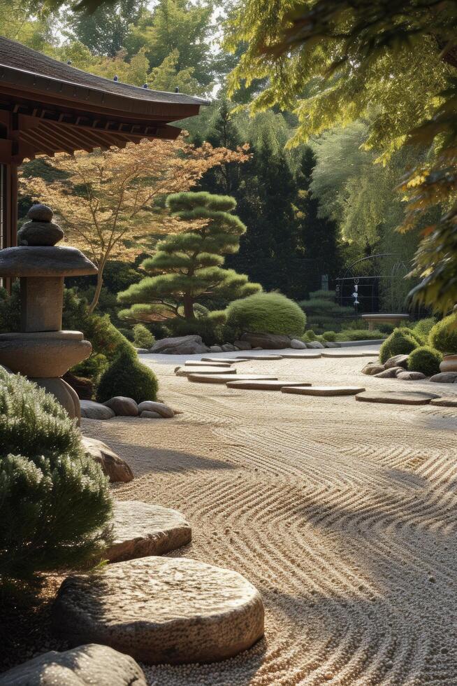 ai gegenereerd een vredig Japans tuin met minutieus geharkt grind en sereen steen lantaarns foto