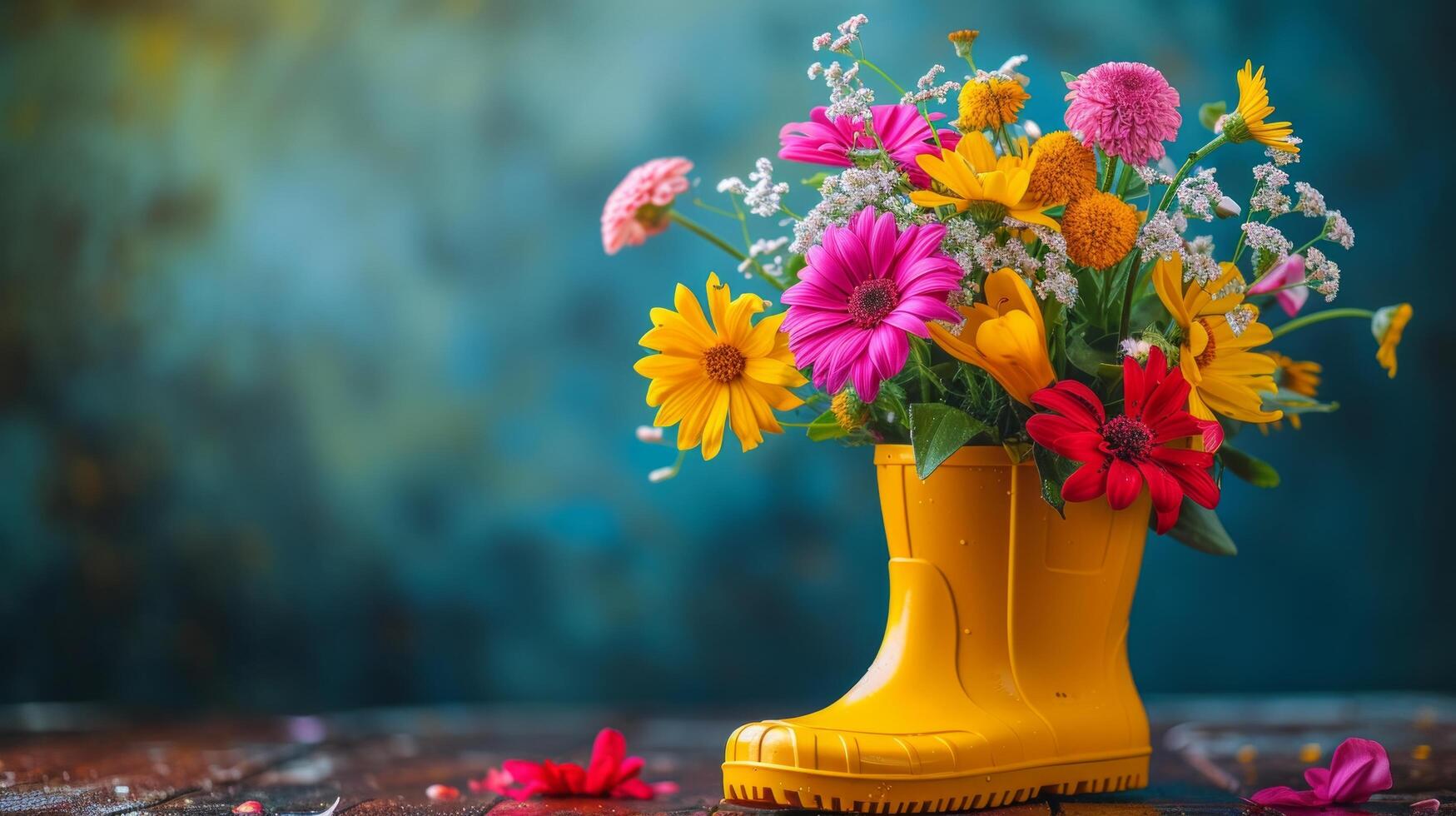 ai gegenereerd een helder geel regen bagageruimte gevulde met kleurrijk voorjaar bloemen foto