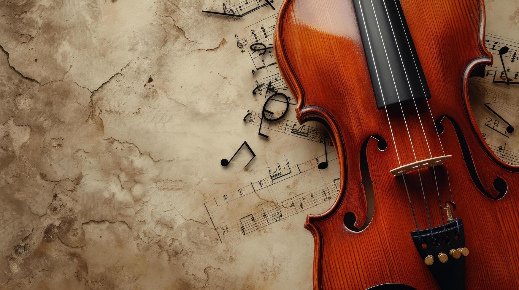 ai gegenereerd minimalistische uitbeelding van een viool en verspreide musical aantekeningen foto