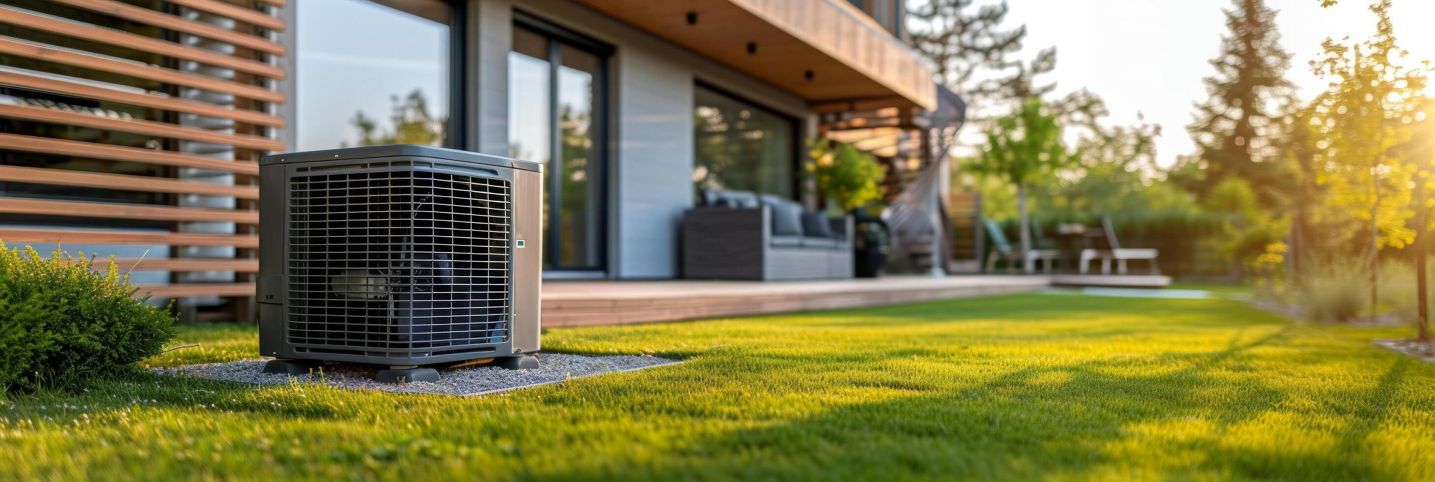 ai gegenereerd warmte pomp gelegen in de buurt een hedendaags residentie. groot copyspace Oppervlakte, buiten het centrum samenstelling foto