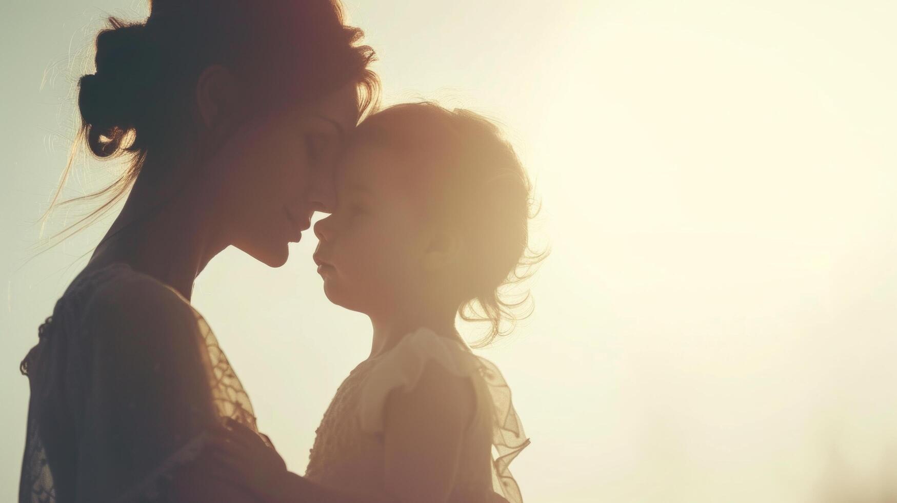 ai gegenereerd schoon en elegant beeld met een moeder en kind silhouet tegen een zacht achtergrond foto