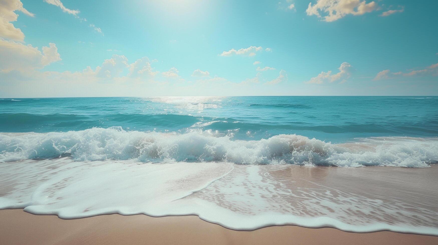 ai gegenereerd een sereen strand tafereel, met wit zanderig kusten en azuur wateren uitrekken naar de horizon foto