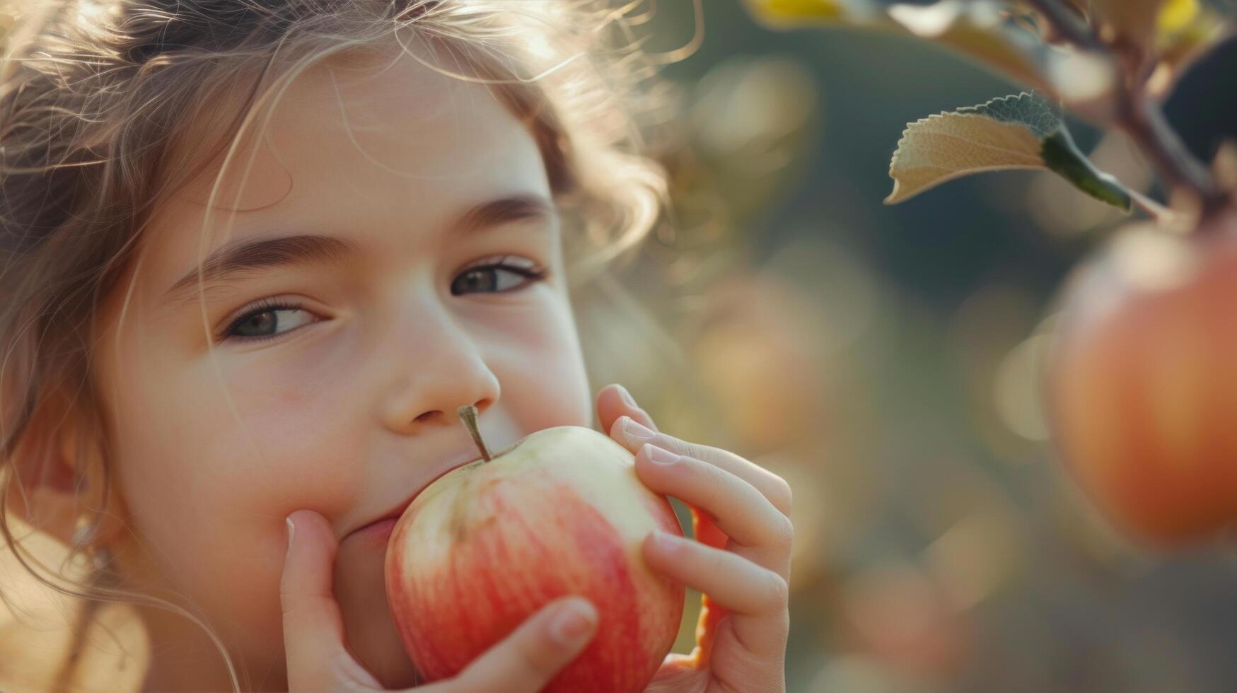 ai gegenereerd mooi meisje 12 jaren oud bijt uit een groot sappig appel, foto