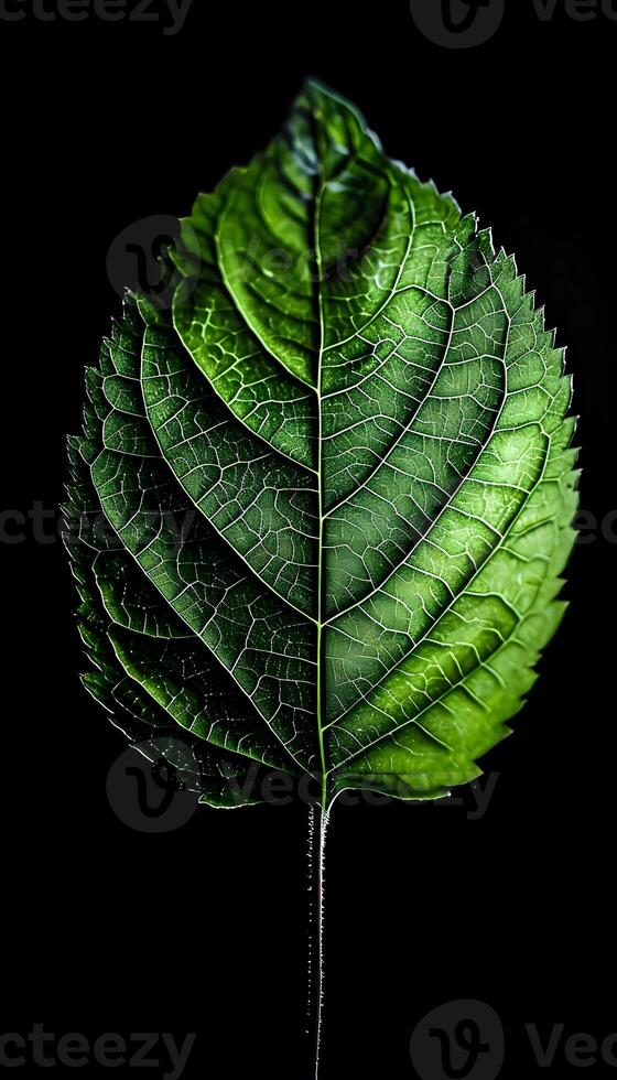 ai gegenereerd een dichtbij omhoog van een groen blad Aan een zwart achtergrond foto