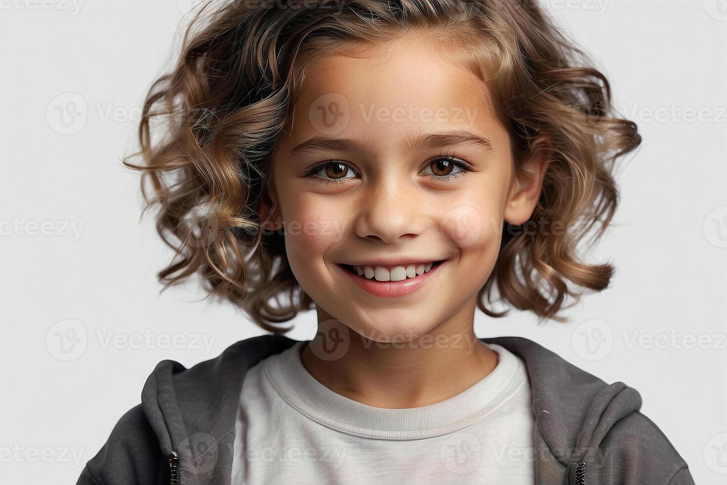 ai gegenereerd detailopname portret van een schattig jong meisje met wild gekruld haar- glimlachen Bij de camera. foto