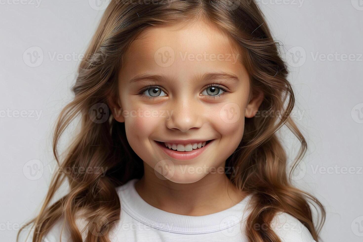 ai gegenereerd portret van een mooi jong meisje glimlachen Bij de camera. geïsoleerd Aan een duidelijk achtergrond. studio fotografie. promotionele afbeelding. foto