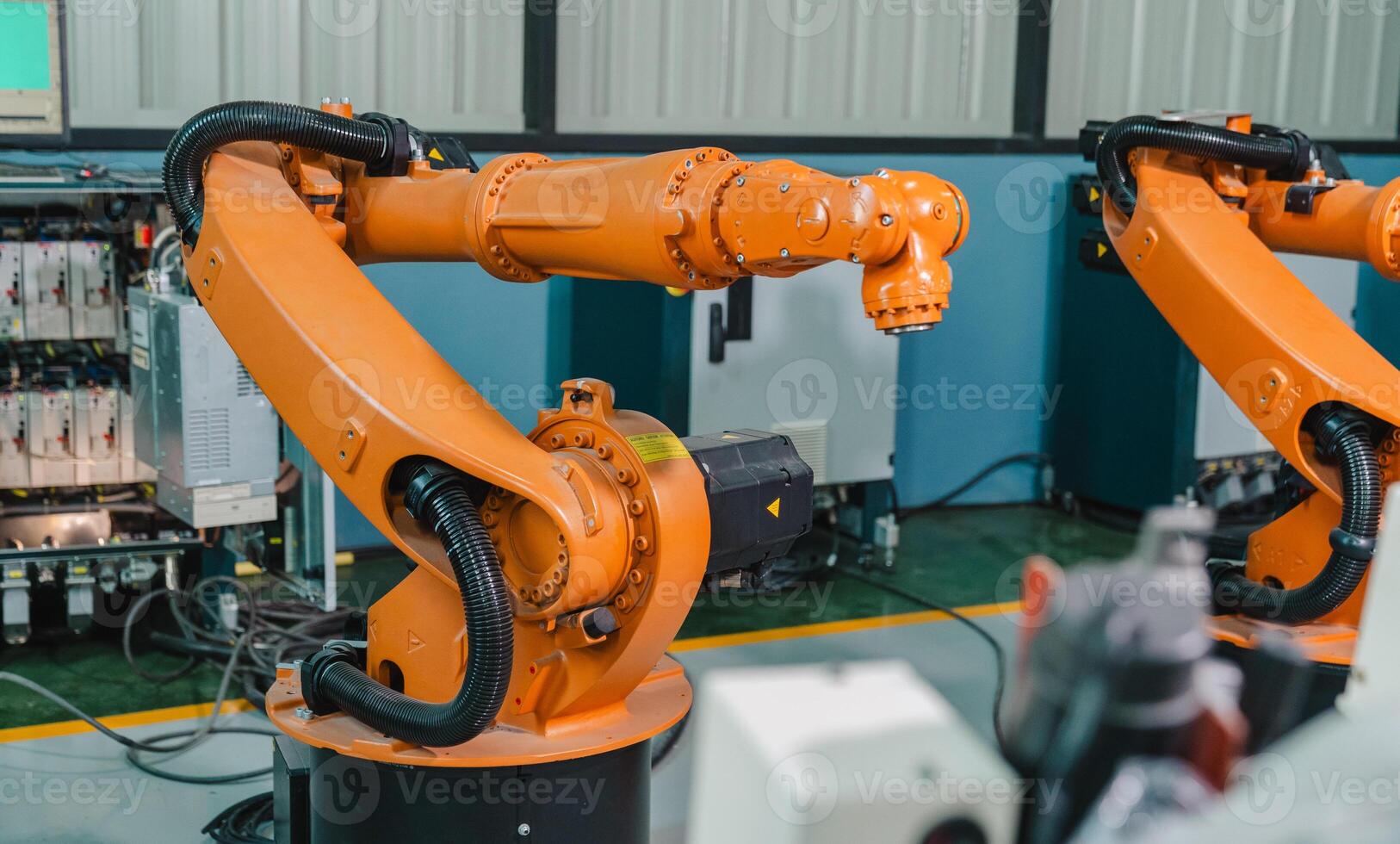 industrieel robot arm opslag, Product distributie robot concept, concept van kunstmatig intelligentie- voor de industrieel revolutie, en automatisering fabricage werkwijze. foto