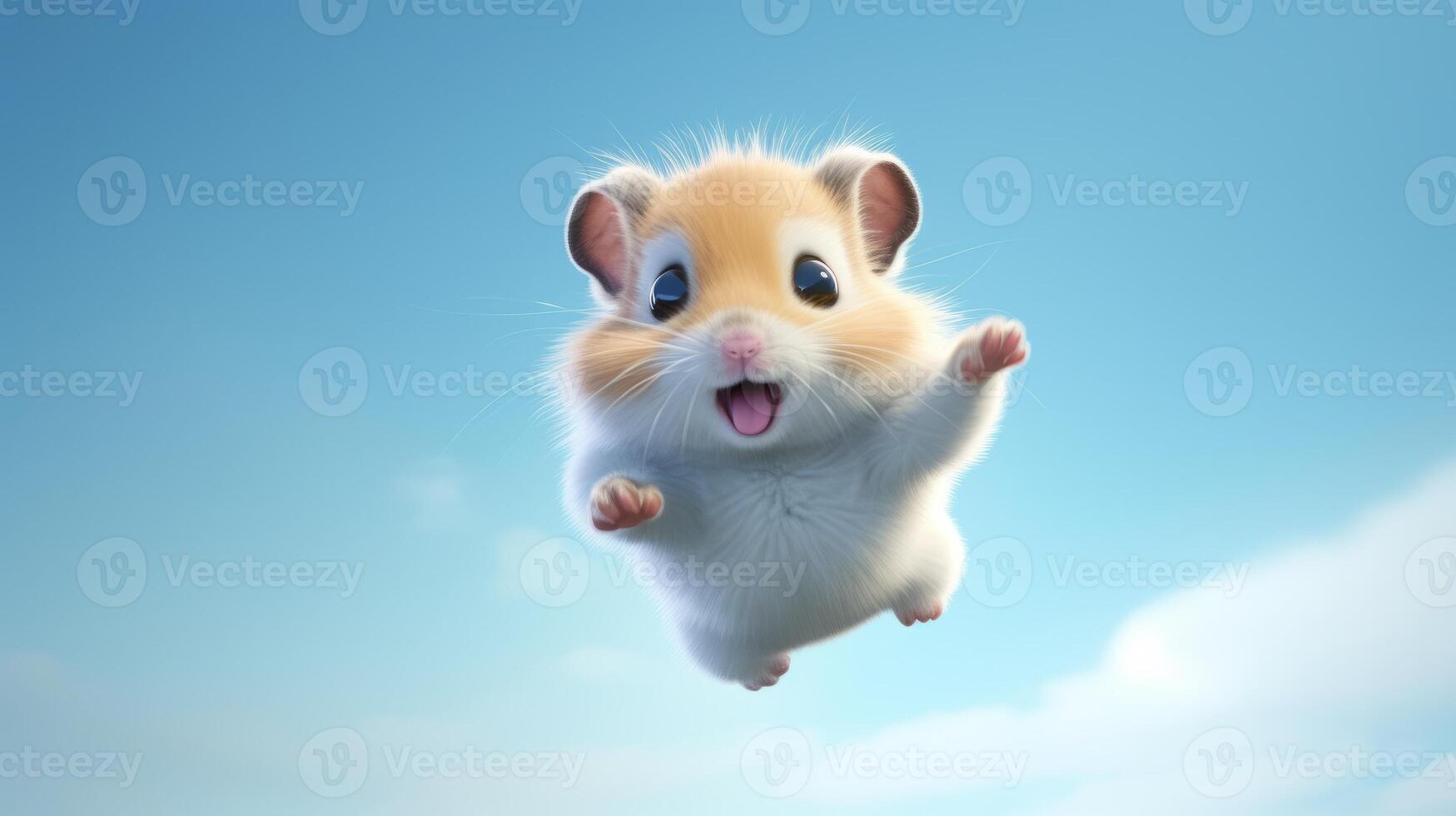 ai gegenereerd vliegend schattig weinig hamster karakter Aan blauw lucht achtergrond. foto