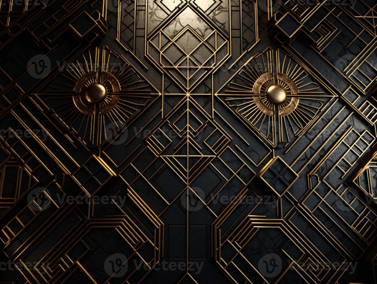 ai gegenereerd donker zwart mozaïek- achtergrond met gouden lijnen kunst deco luxe stijl structuur foto
