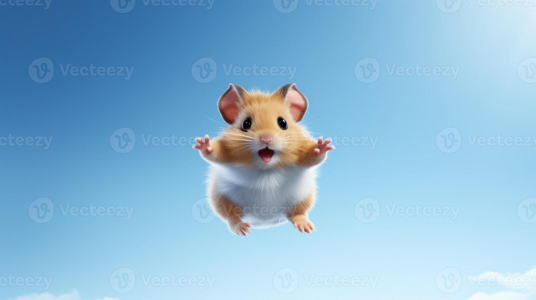 ai gegenereerd vliegend schattig weinig hamster karakter Aan blauw lucht achtergrond. foto