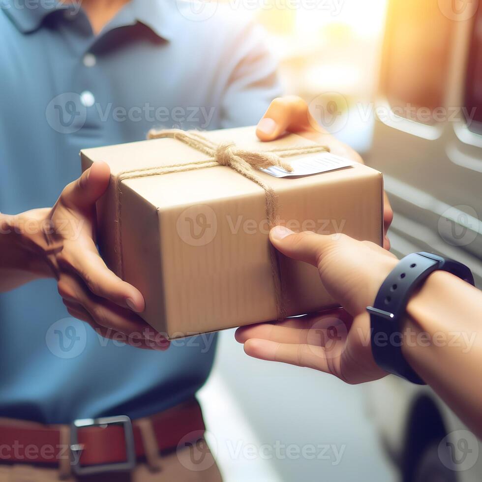 ai gegenereerd levering Mens Holding pakket Product pakket overhandigen over- naar tevreden gelukkig klant snel veilig gemakkelijk levering verpakt touw karton pakket ambacht papier duurzame online Verzending concept foto