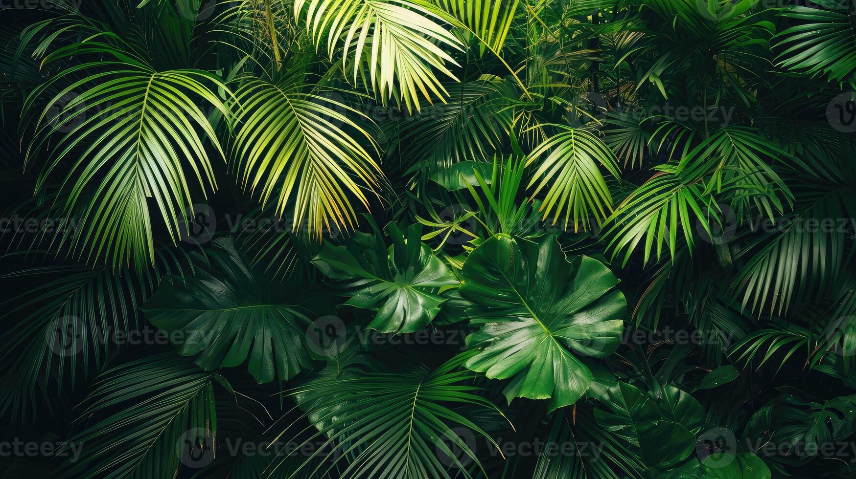 ai gegenereerd mooi groen oerwoud van weelderig palm bladeren, palm bomen in een exotisch tropisch Woud, wild tropisch planten natuur concept voor panorama behang foto