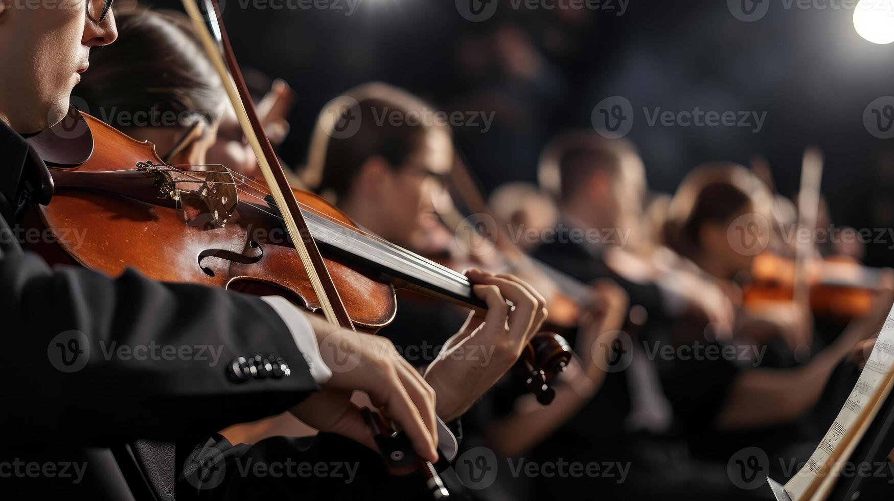 ai gegenereerd professioneel symfonisch orkest het uitvoeren van Aan stadium en spelen een klassiek muziek- concert foto