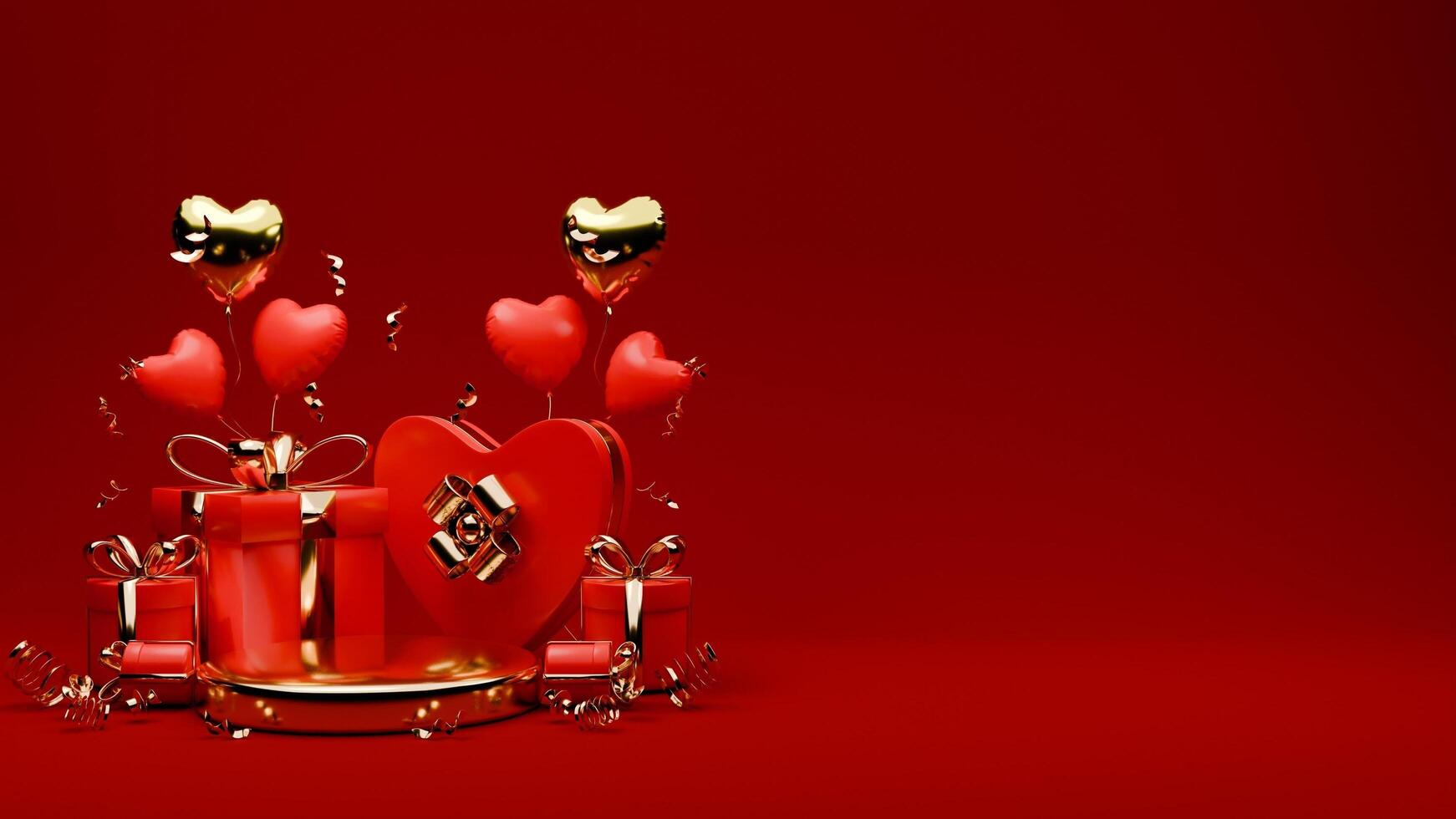 3d weergegeven rood en goud Valentijn themed podium Scherm met van confetti, geschenk dozen, en liefde ballonnen voor banier sjabloon foto