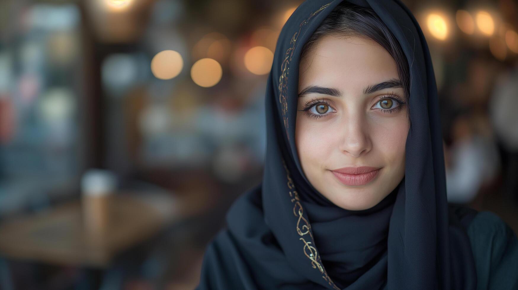 ai gegenereerd mooi jong Arabisch meisje in hijab op zoek Bij camera foto