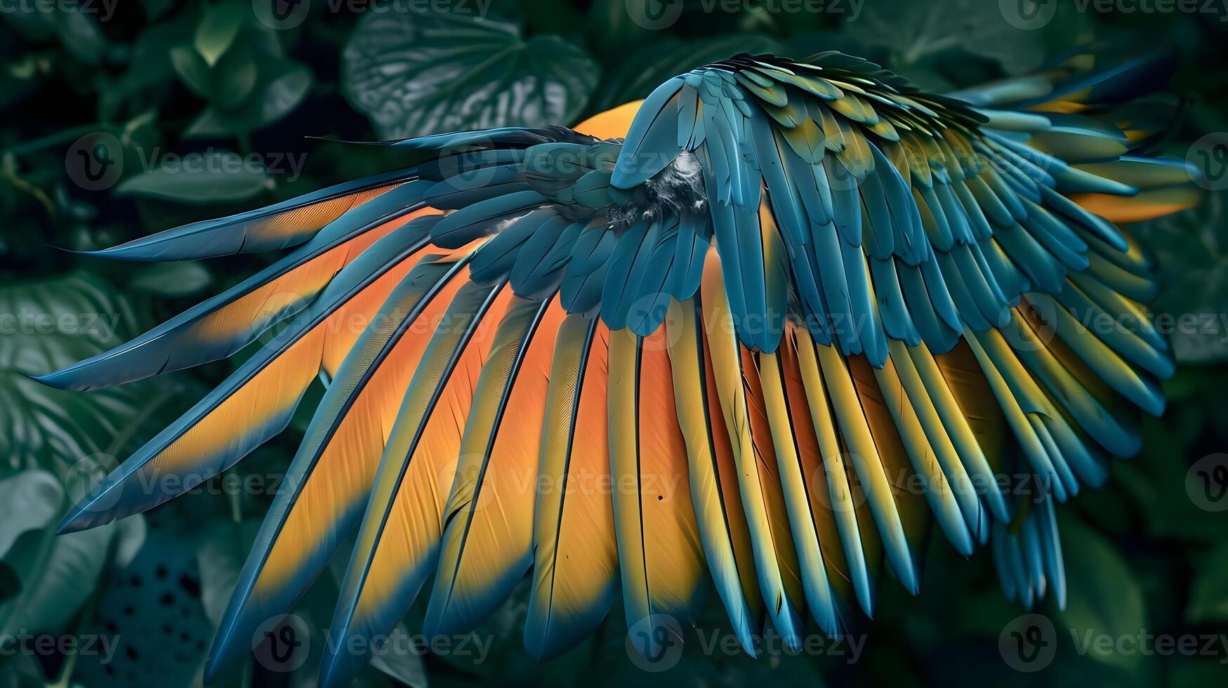 ai gegenereerd een blauw en geel vogel met haar Vleugels verspreiding foto