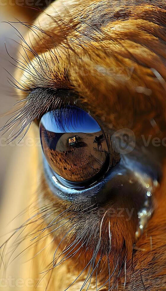 ai gegenereerd een dichtbij omhoog van een paard oog met de reflectie van een gebouw in foto
