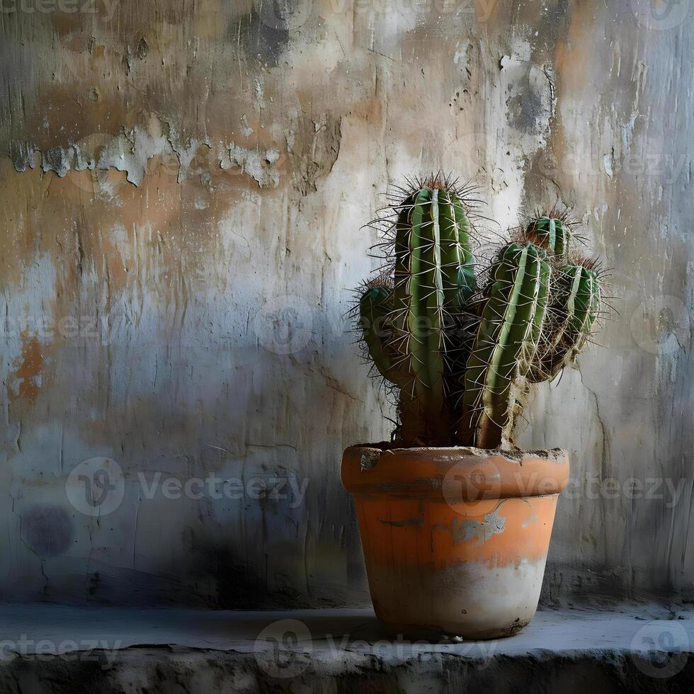 ai gegenereerd een cactus in een klei pot Aan een richel foto