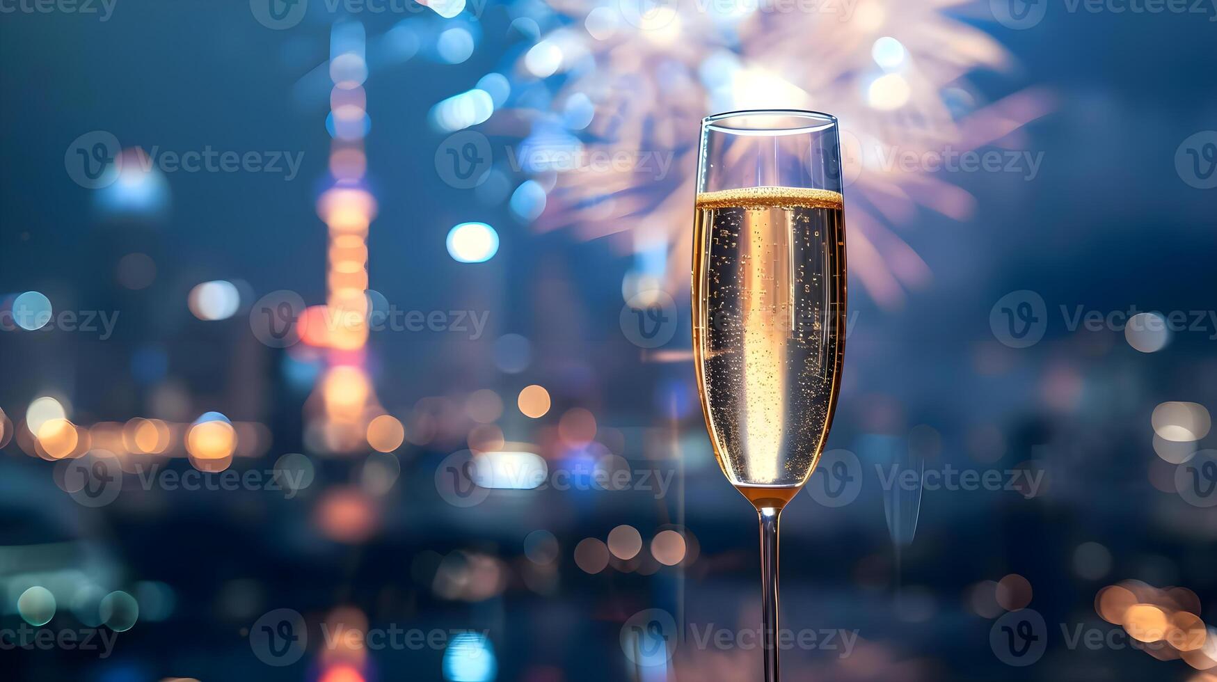 ai gegenereerd een glas van Champagne met vuurwerk in de achtergrond foto