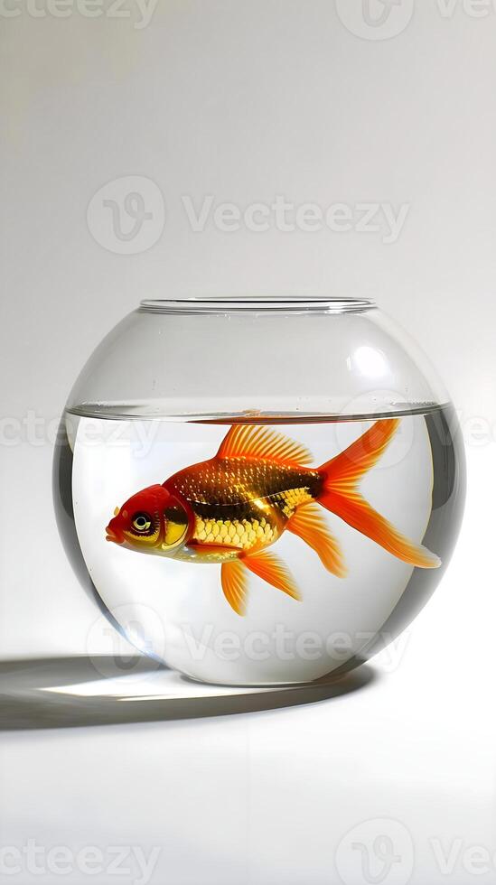 ai gegenereerd een goudvis in een kom Aan een wit achtergrond foto