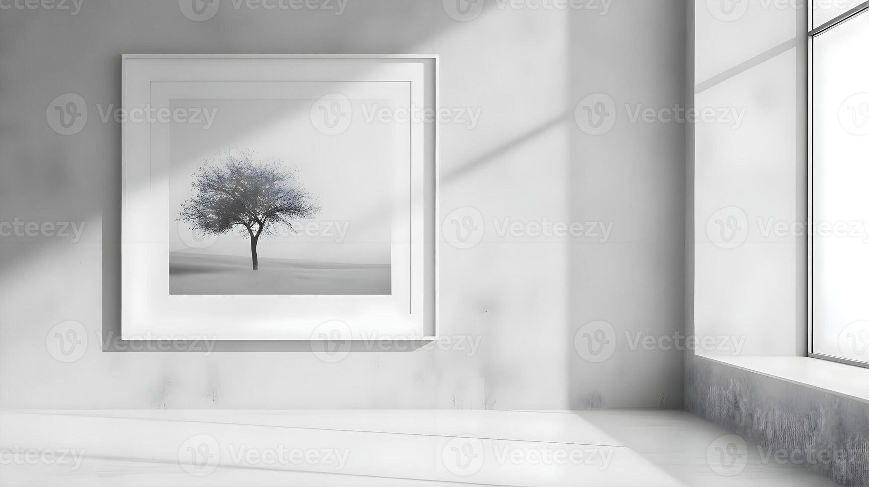 ai gegenereerd een zwart en wit foto van een boom Aan een muur