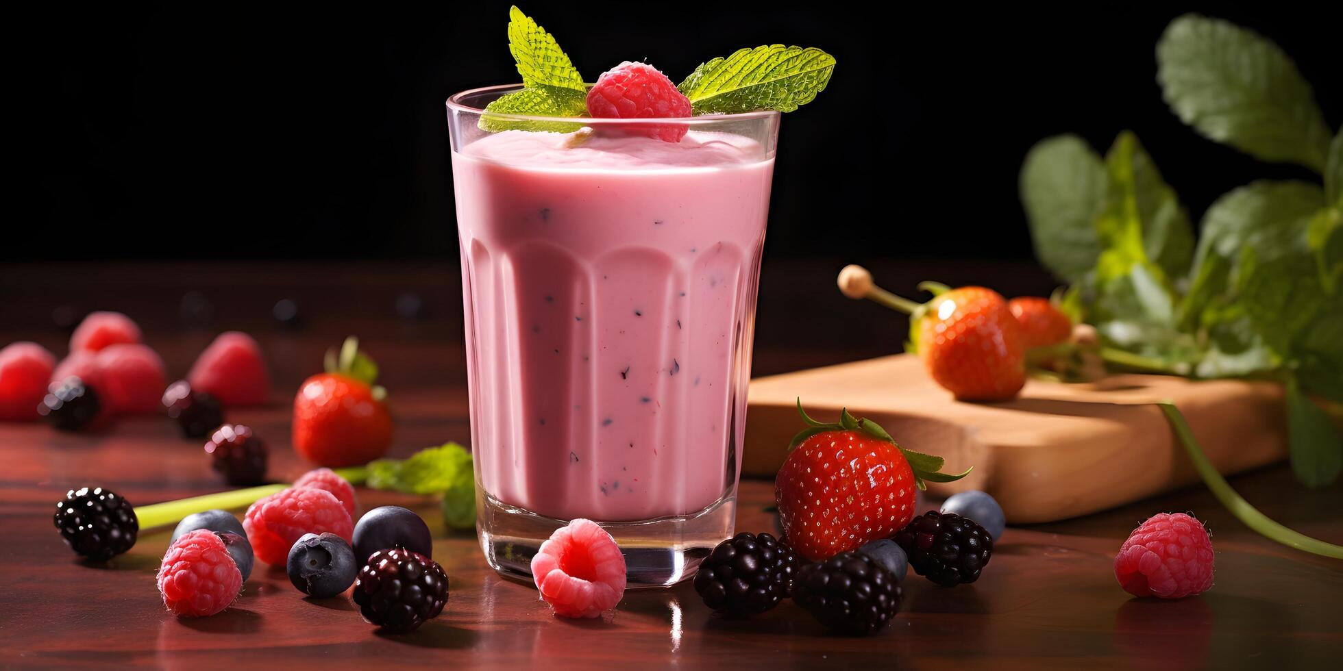 ai gegenereerd fruit yoghurt smoothie met vers bessen in een glas foto