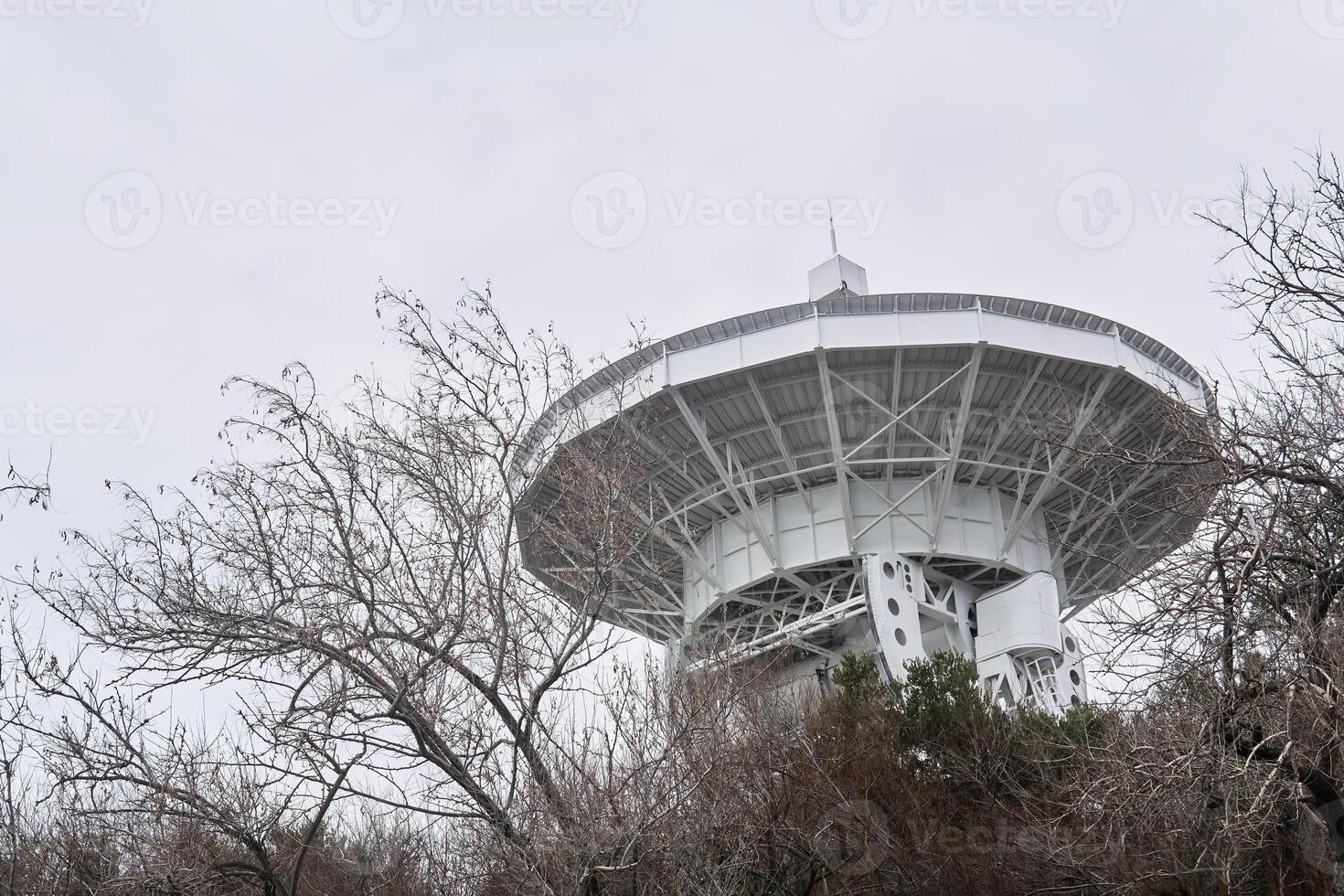 spiegel van de sterrenkundig radio telescoop, gericht Bij de lucht, is zichtbaar van de bomen foto