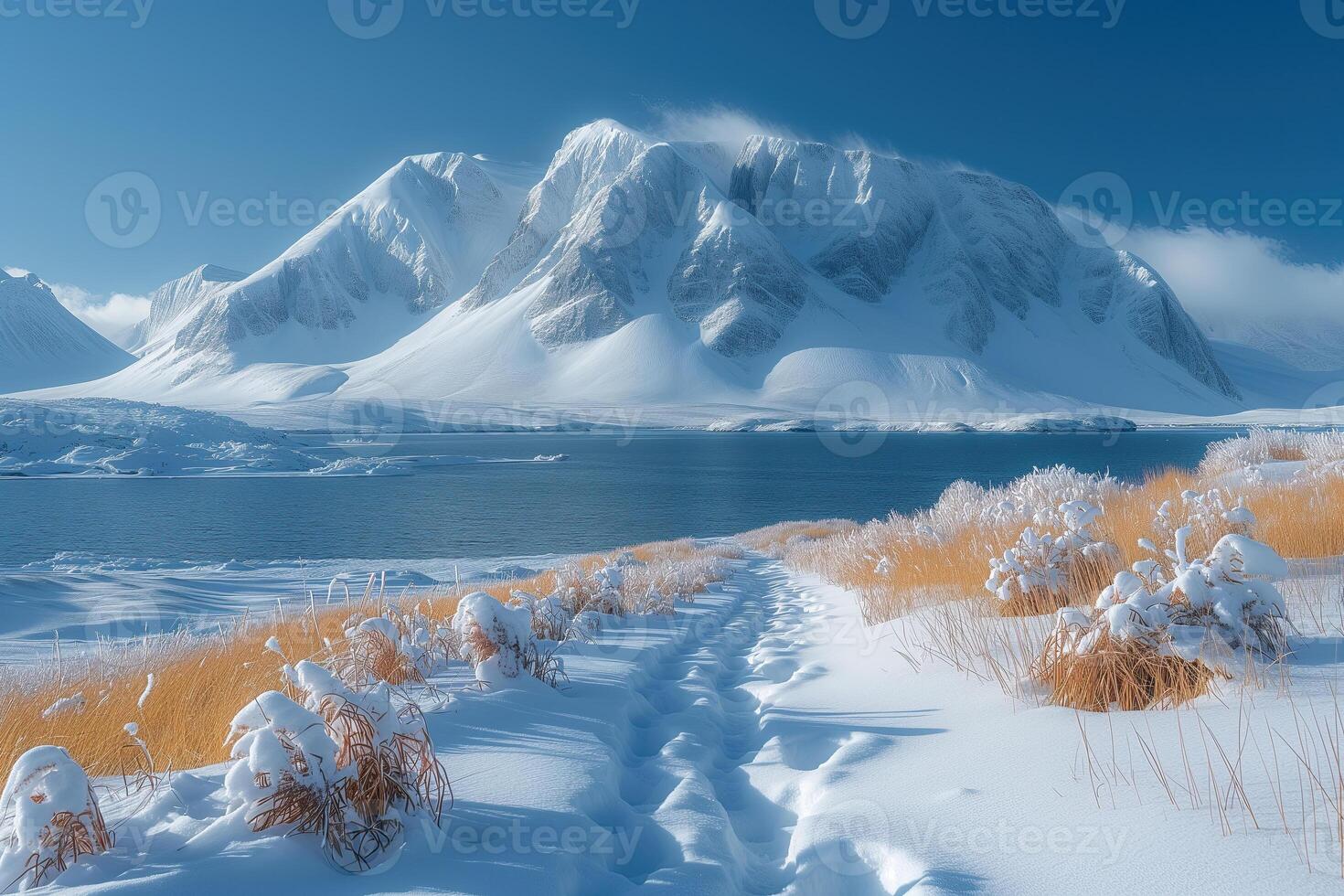 ai gegenereerd arctisch landschap met berg en meer foto