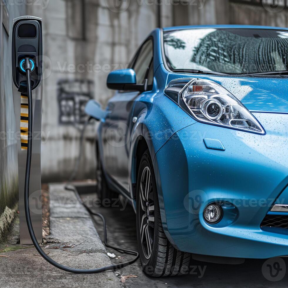 ai gegenereerd elektrisch auto wezen opgeladen Bij ev opladen station foto