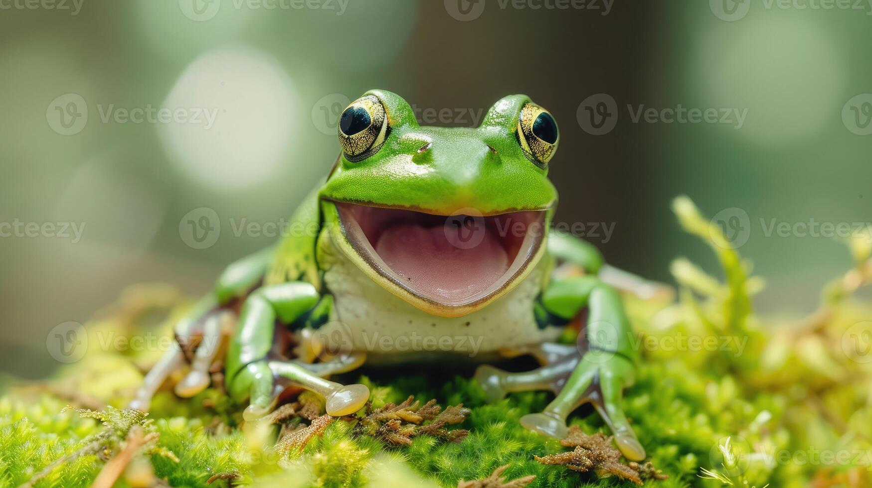 ai gegenereerd glijden kikker kijken Leuk vinden lachend Aan mos, vliegend kikker lachend, foto