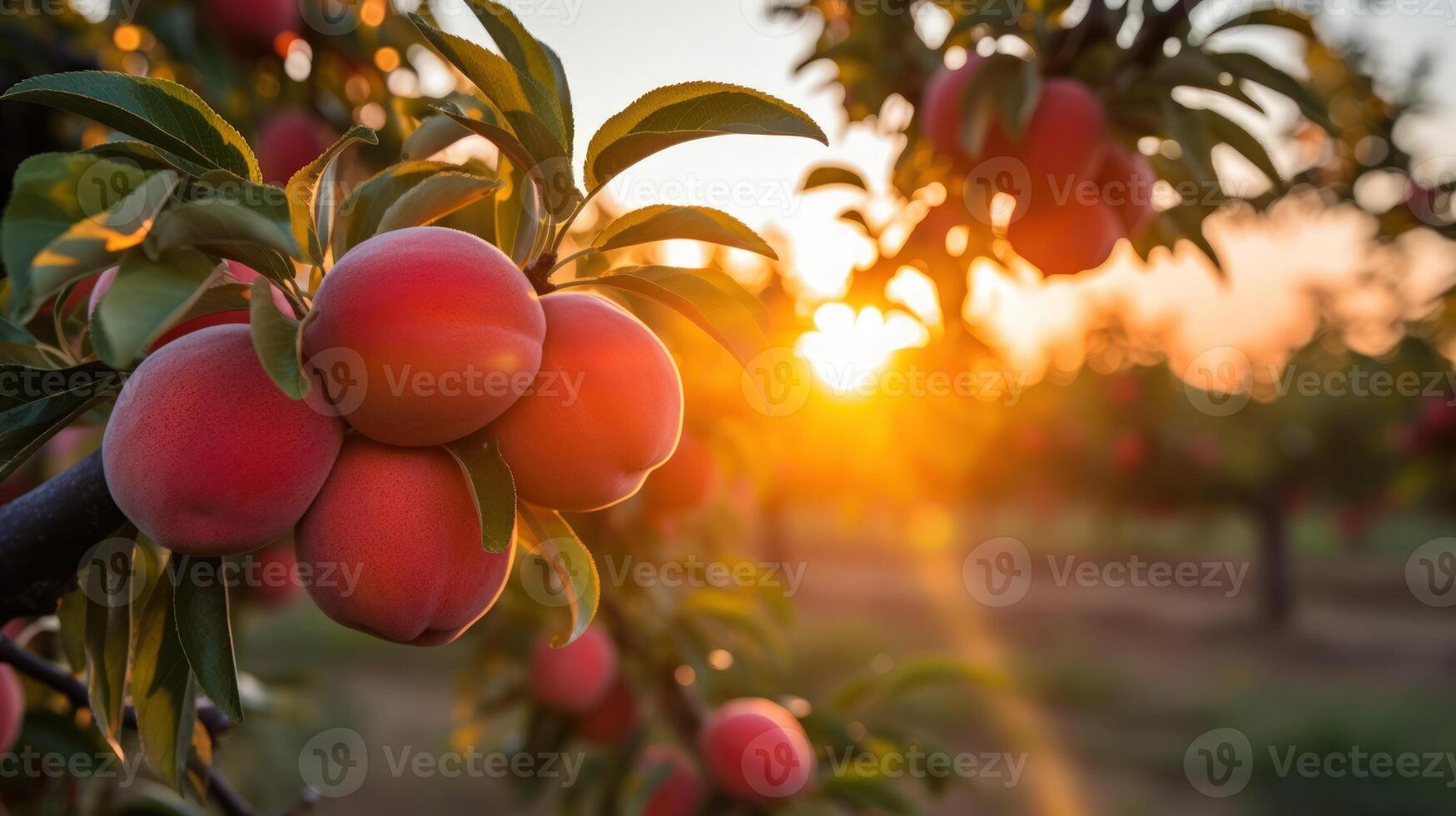 ai gegenereerd zonsondergang over- perzik boomgaard foto