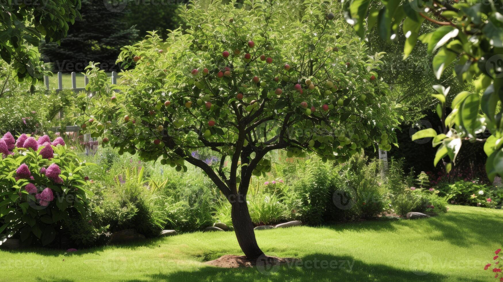 ai gegenereerd groen met appel beladen boom focaal punt, weelderig tuin foto