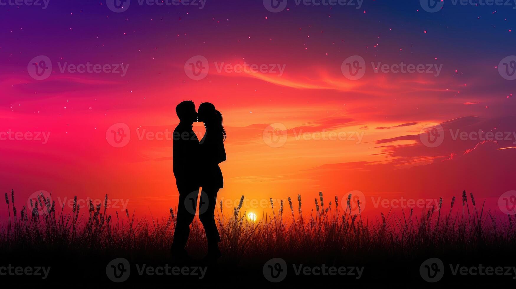 ai gegenereerd silhouet romantisch paar geliefden knuffel en kus Bij kleurrijk zonsondergang Aan achtergrond liefde concept foto